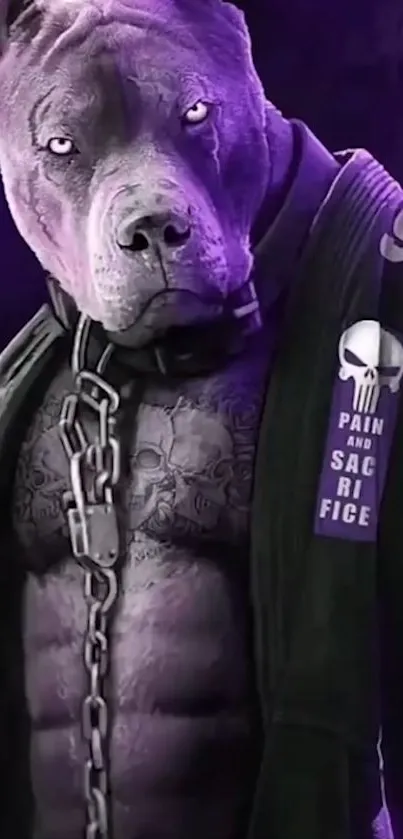 Purple dog warrior with muscles and tattoos in striking artwork.