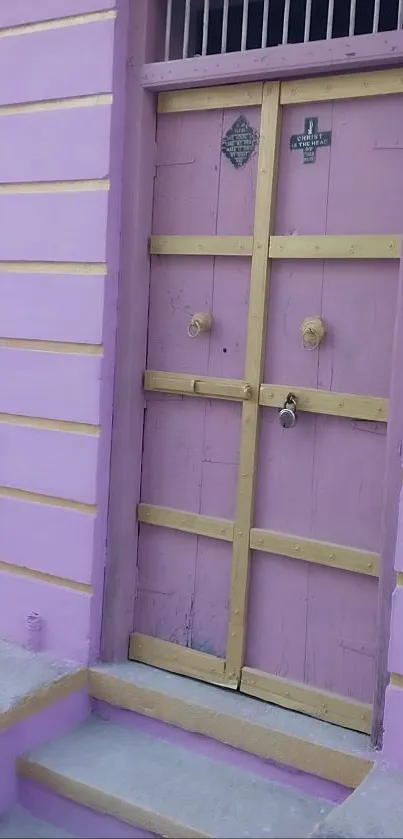 Purple door with yellow accents in urban setting.