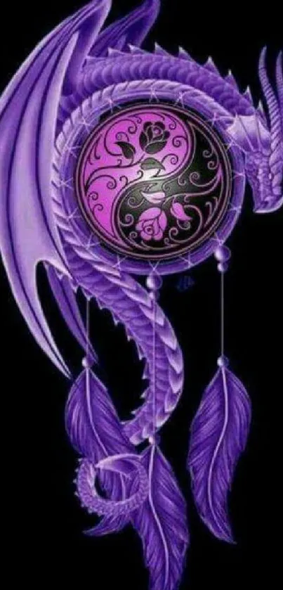 Purple dragon with dreamcatcher design on dark background.