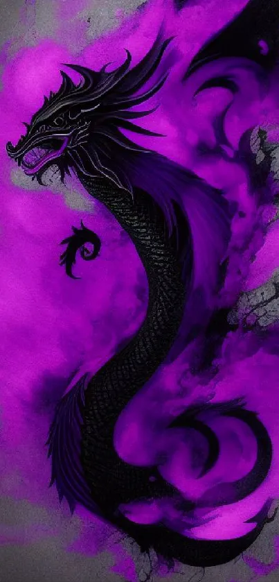 Elegant black dragon in vibrant purple smoke artwork.