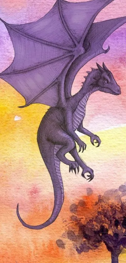 Purple dragon flying in a colorful watercolor sky background.