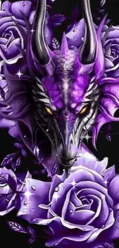 Purple dragon surrounded by roses on a dark background.