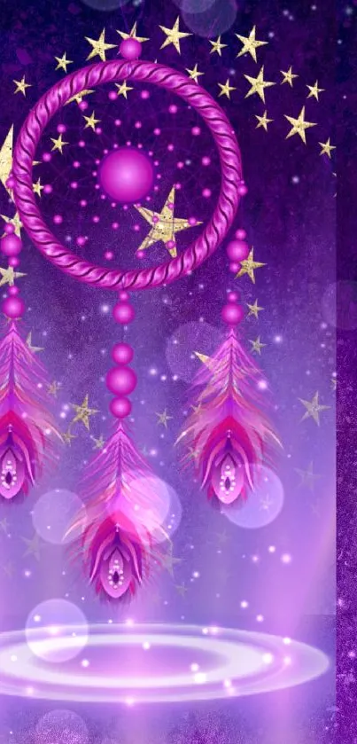 Purple dreamcatcher with feathers and stars on a mystical background.