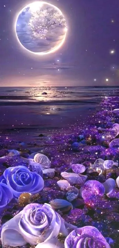 Purple moonlit beach wallpaper with glowing roses and stars.