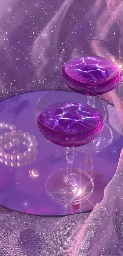 Purple dreamscape wallpaper with sparkling glass and celestial reflection.