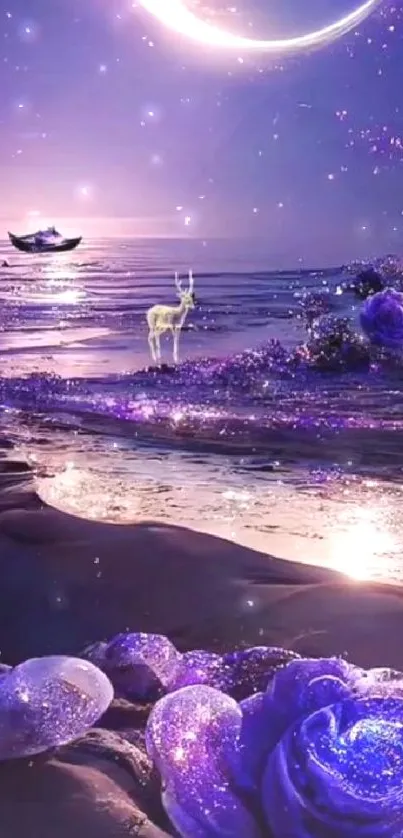 Purple dreamscape with crescent moon and serene floral reflections.