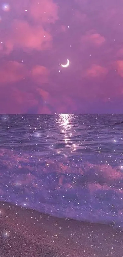 Purple beach with waves and crescent moon in twilight.