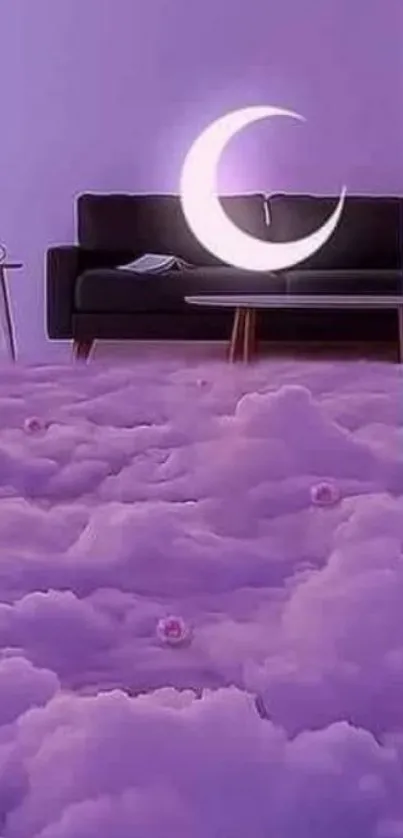 Dreamy purple clouds and crescent moon in minimalist room.