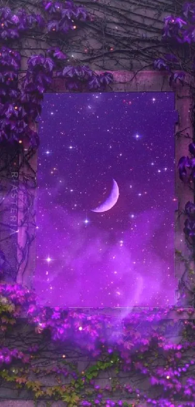 Purple night sky with crescent moon and stars in a mystical window setting.