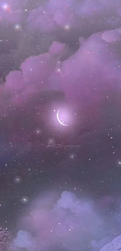 Dreamy purple night sky with clouds and crescent moon.