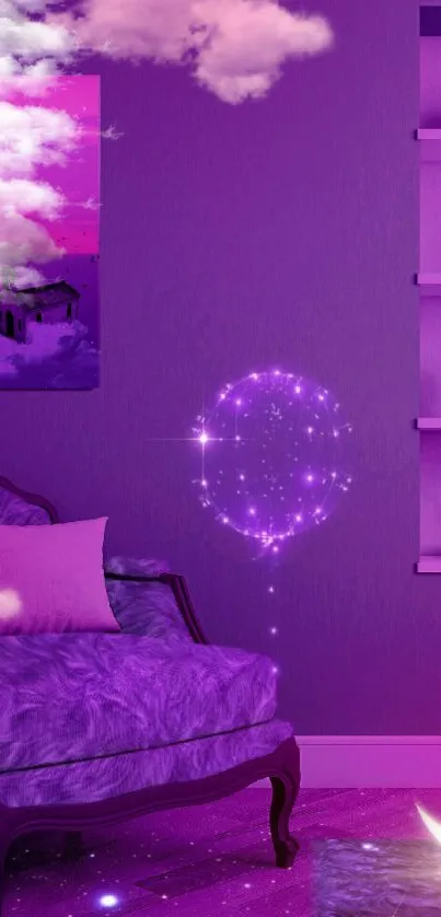 Dreamy purple room wallpaper with clouds, moon, and twinkling lights.