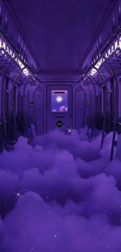 Purple dreamy train with clouds and moonlit sky.