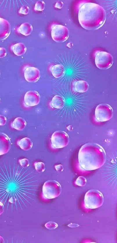 Purple mobile wallpaper with droplets and aqua stars.