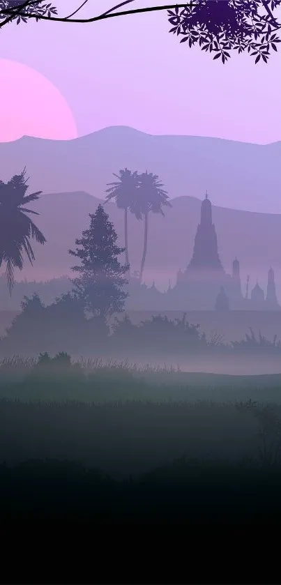 Purple dusk landscape with tropical silhouettes and mountains.