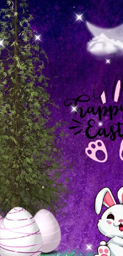 Easter wallpaper with purple background, eggs, and a happy bunny.