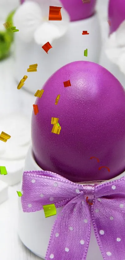 Purple Easter egg with floral and bow decorations in white holders.
