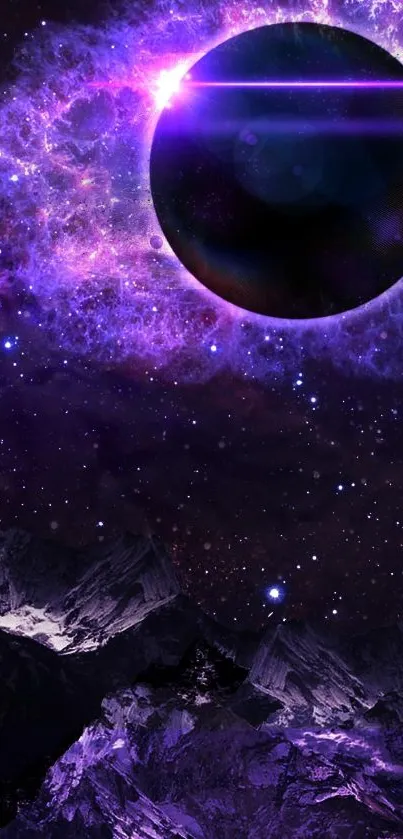 Purple eclipse over mountains with stars in a cosmic night sky.