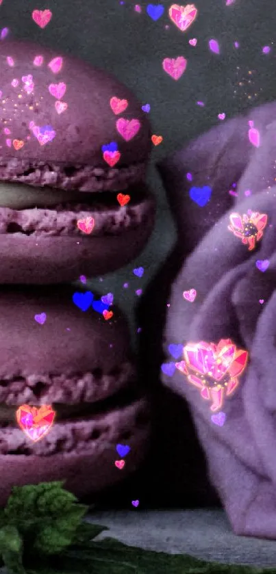 Purple macarons with violet rose on elegant wallpaper.