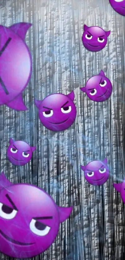 Wallpaper with purple devil emojis and blue textured background.