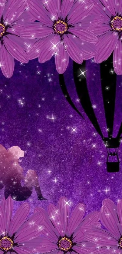 Purple fairy with balloon and flowers under stars.