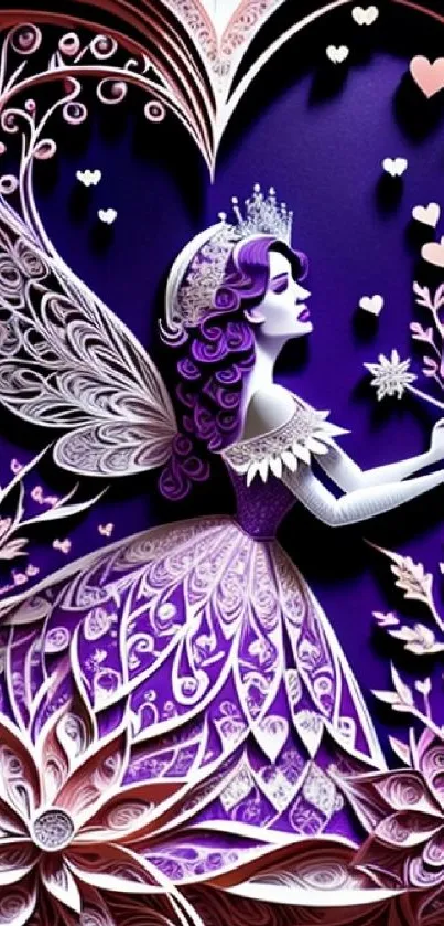 Purple fairy with intricate floral cutout design, creating a whimsical art piece.