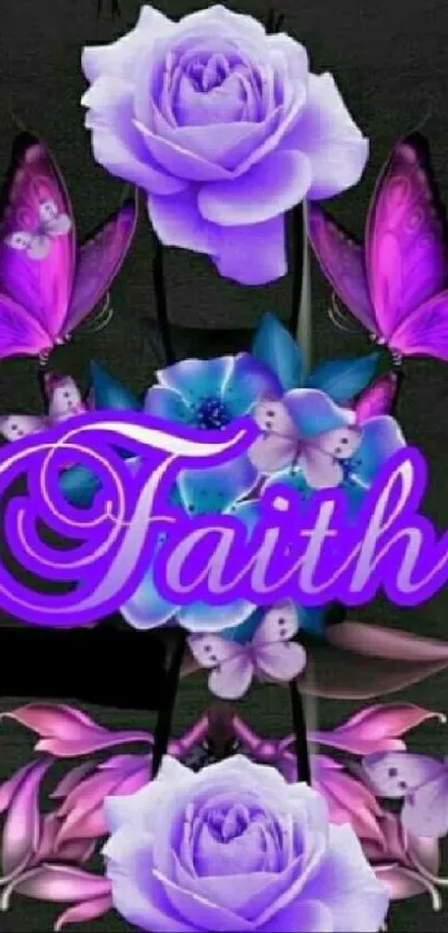 Purple floral wallpaper with 'Faith' text and butterflies.