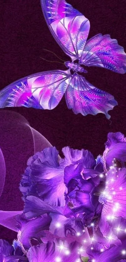 Fantasy butterfly on purple flowers with sparkles, ideal for wallpaper.