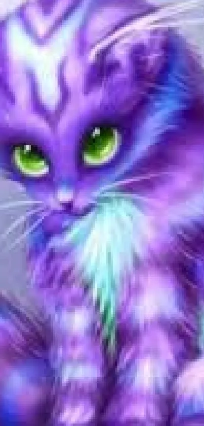 Purple fantasy cat with green eyes mobile wallpaper.