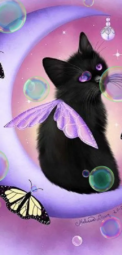 Black cat with purple wings on a crescent moon, surrounded by butterflies.