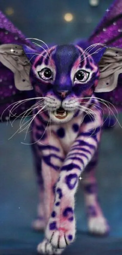 A fantasy cat with purple butterfly wings in magical design.