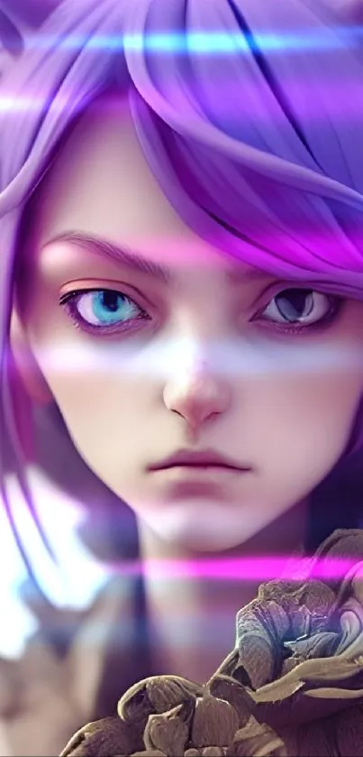 Fantasy character wallpaper with purple hair and mystical features.