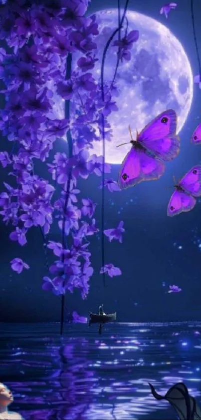 Purple fantasy night with butterflies and moonlit blossoms wallpaper.