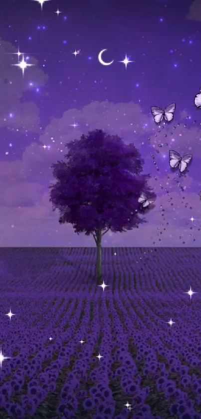 Purple tree and butterflies under starry night sky.