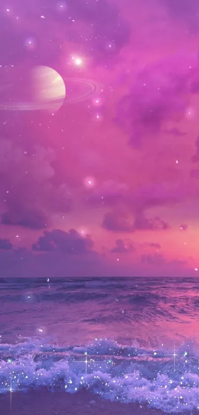 Purple fantasy nightscape over ocean with shimmering waves and distant planet.