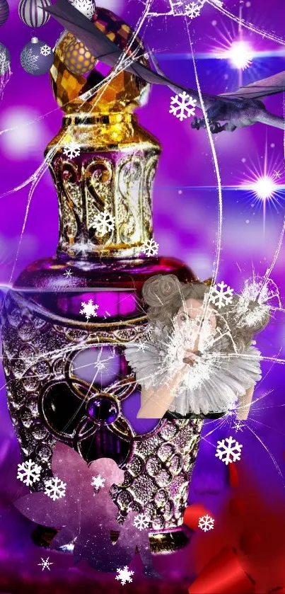 Ornate perfume bottle on a purple fantasy background.