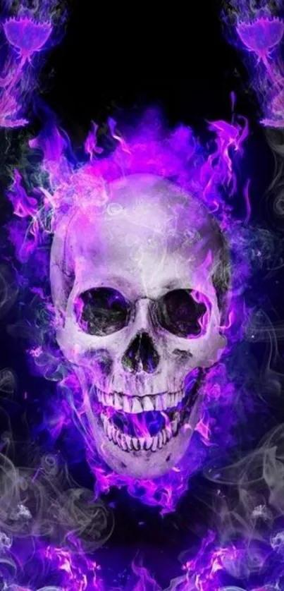 Purple flaming skull with mystical aura on a dark background.