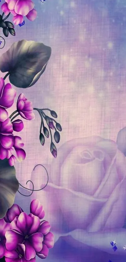 Purple floral abstract wallpaper with roses and flowers.