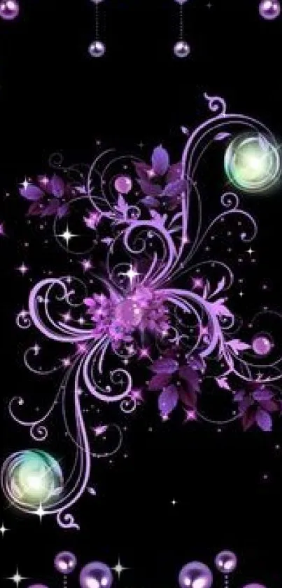 Elegant purple floral design on black wallpaper for mobile phones.