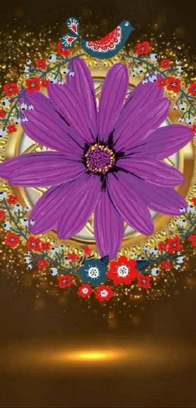 Purple flower with ornate floral design on phone wallpaper.
