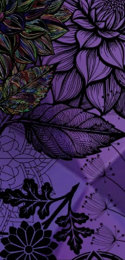 Purple floral wallpaper with intricate black lines and colorful leaves.