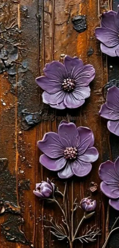 Artistic purple flowers on rustic background.