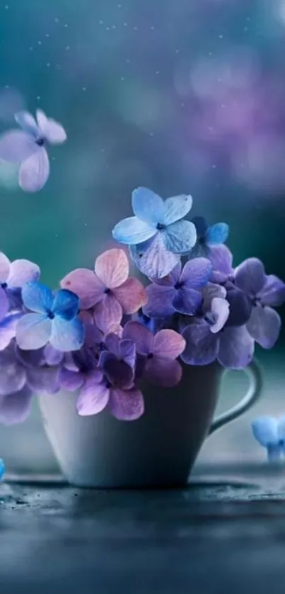 Purple hydrangeas in a cup with blurred background.