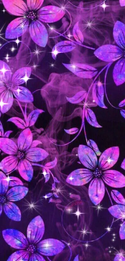 Vibrant purple floral wallpaper with glowing flowers and artistic leaves.