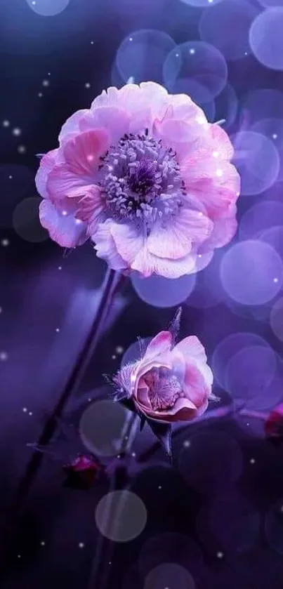 Purple floral wallpaper with bokeh lighting effects.