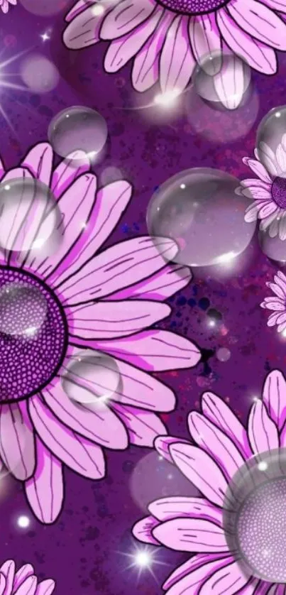 Purple and pink floral wallpaper with bubbles and starry sparkles.