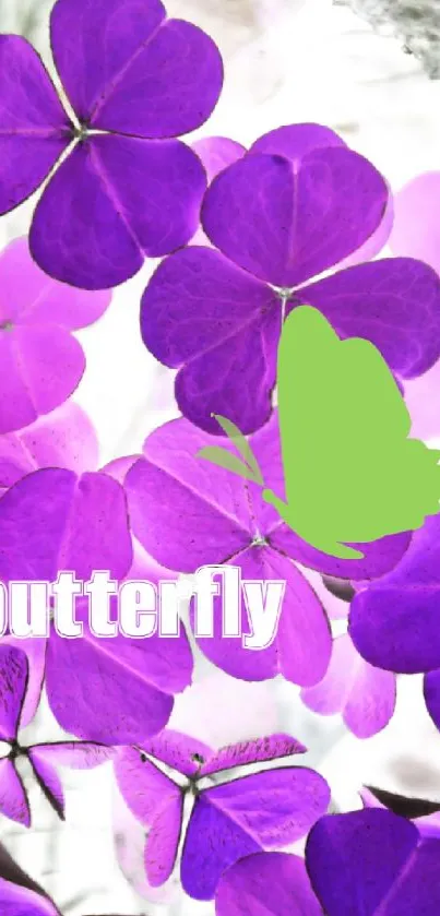 Purple flowers and green butterfly on artistic wallpaper design.