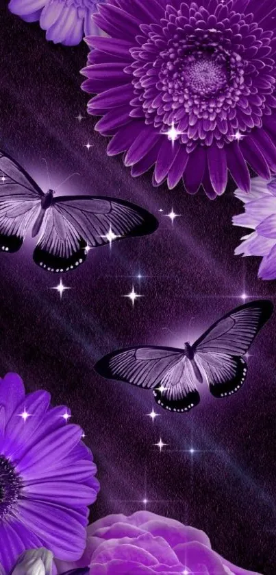 Vibrant purple flowers and butterflies mobile wallpaper.