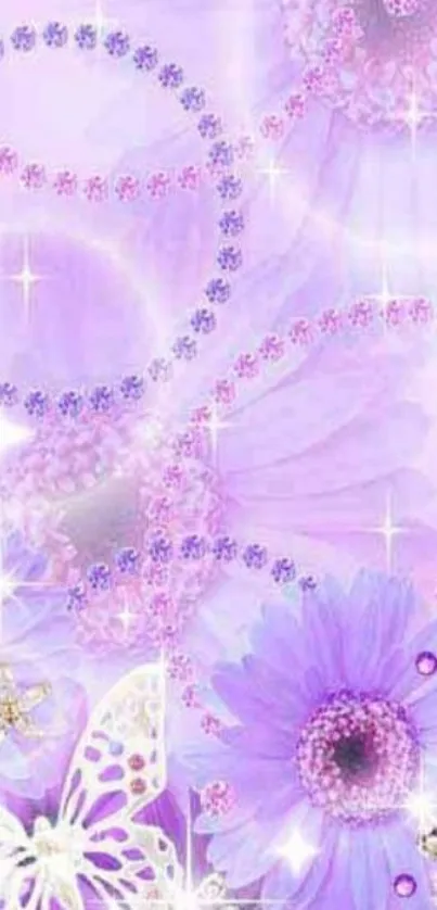 Purple floral wallpaper with butterflies and sparkles.