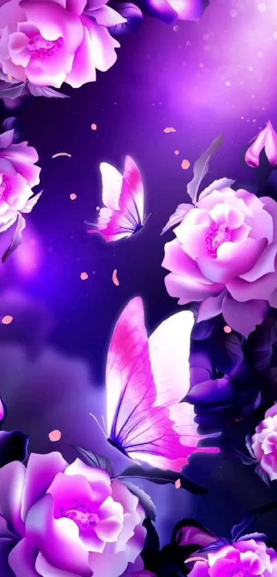 Purple roses and butterflies on a vibrant mobile wallpaper.