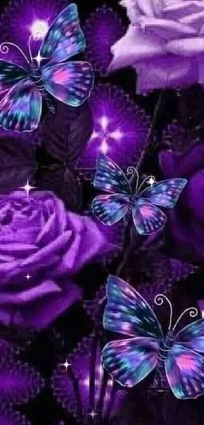 Purple wallpaper with butterflies and roses, ideal for nature lovers.